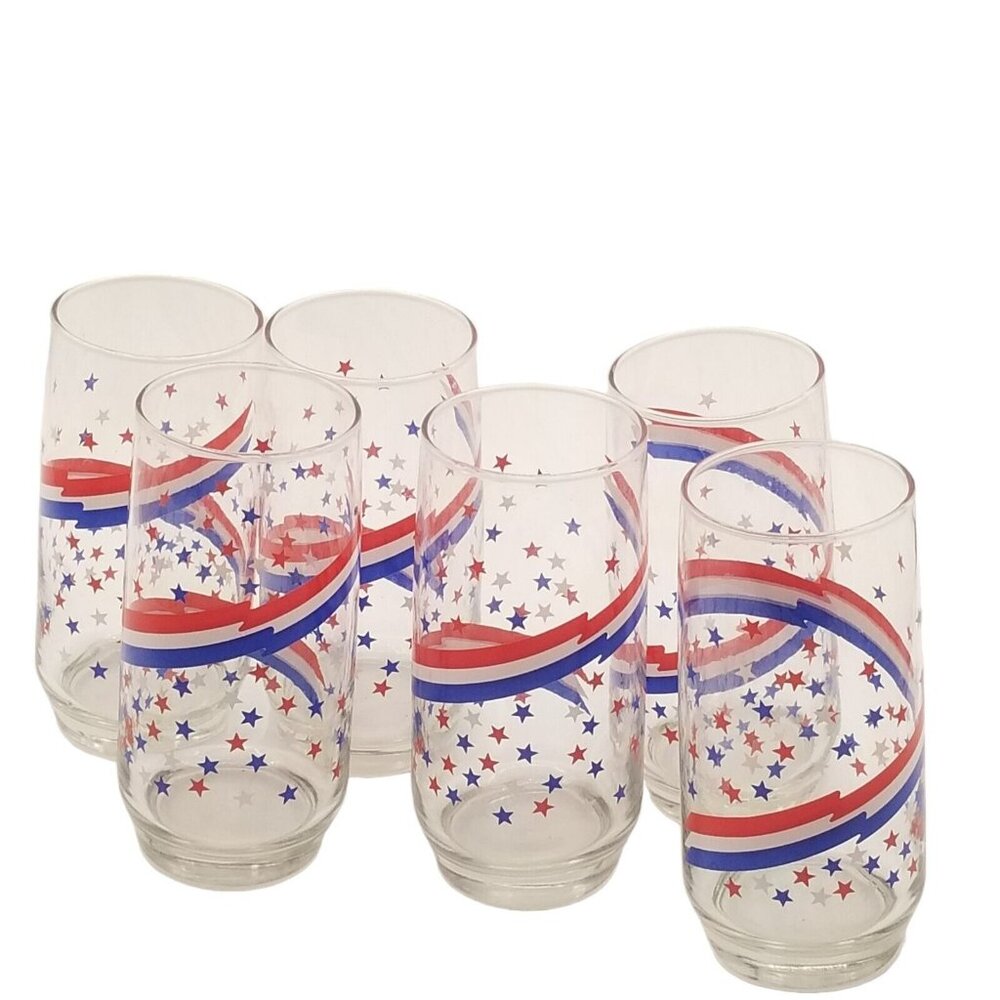 Vintage Libbey Stars & Stripes Glasses Tumblers Set 6 Patriotic Red‎ White Blue